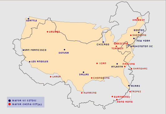 Boundaries of China superimposed upon those of the USA.